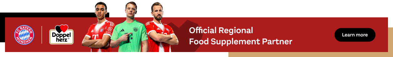 Three FC Bayern players are shown in the foreground. Next to them are the FC Bayern Munich and Doppelherz logos and the text: "Official Regional Food Supplement Partner". A black button says "Learn more".