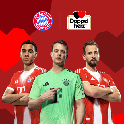 Three FC Bayern Munich players stand in front of a red background with geometric heart shapes. From left to right: Harry Kane, Jamal Musiala and Manuel Neuer. Above them are the FC Bayern Munich logo and the Doppelherz logo, indicating a brand partnership.