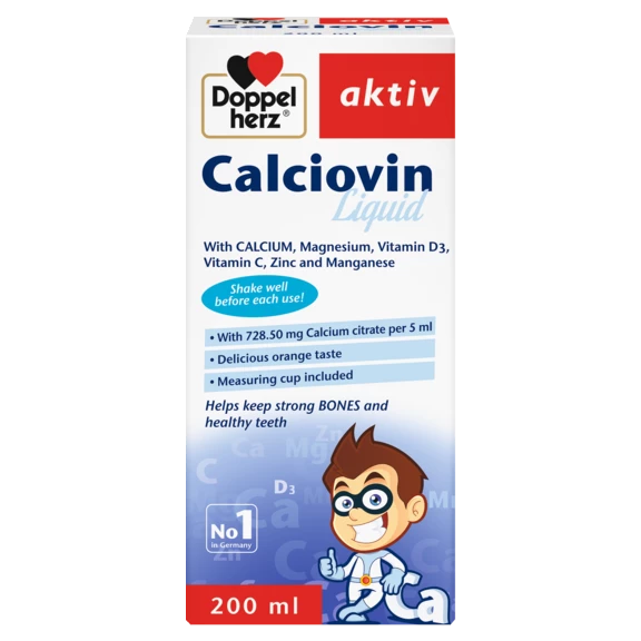 Doppelherz aktiv Calciovin Sirup Prednji pogled Retuširani prednji pogled Zadnji pogled Pogled sa leve strane Pogled sa desne strane